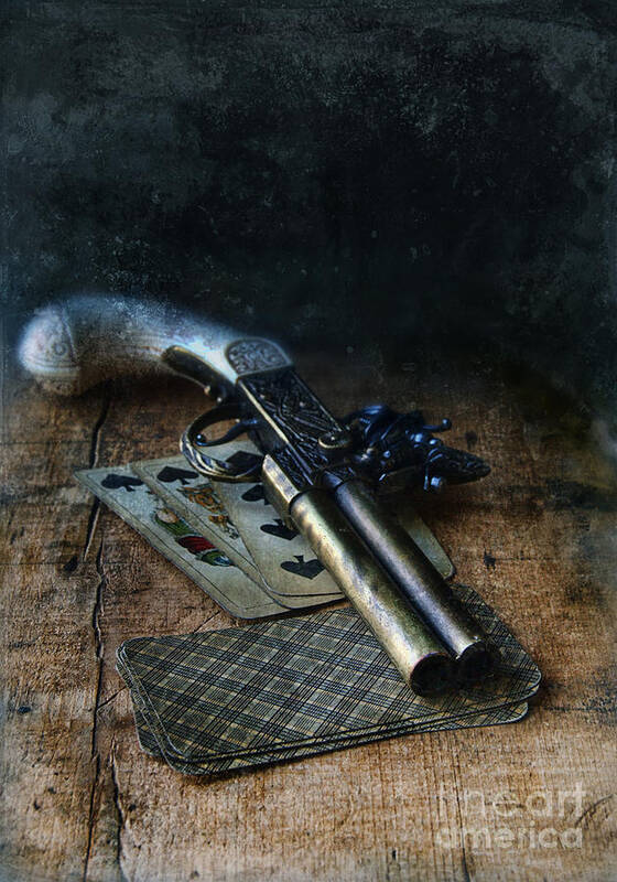 Gun Poster featuring the photograph Flint Lock Pistol and Playing Cards by Jill Battaglia