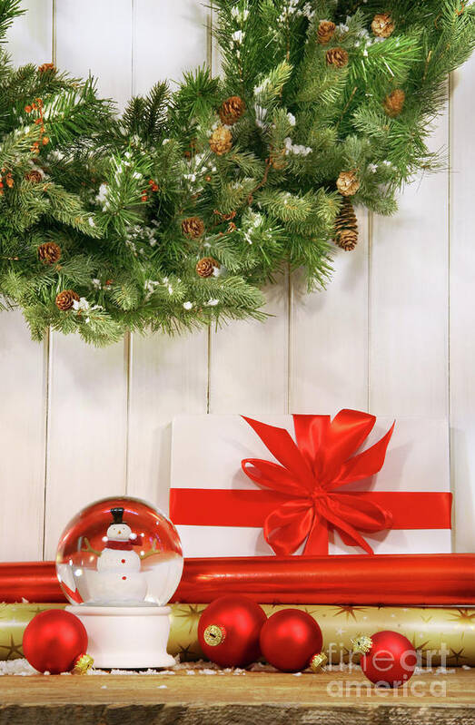 Bright Poster featuring the photograph Holiday wreath with snow globe by Sandra Cunningham
