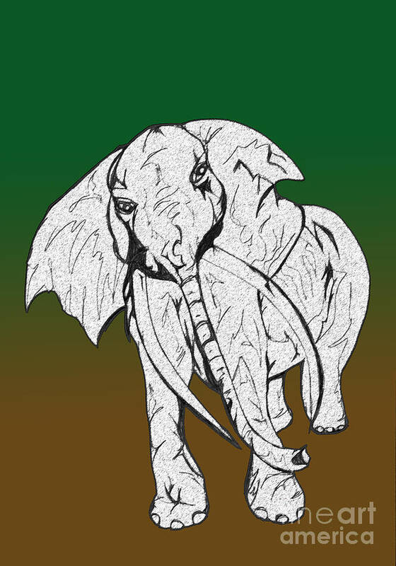 Abstract Poster featuring the drawing Inked Elephant in Green and Brown by Mary Mikawoz