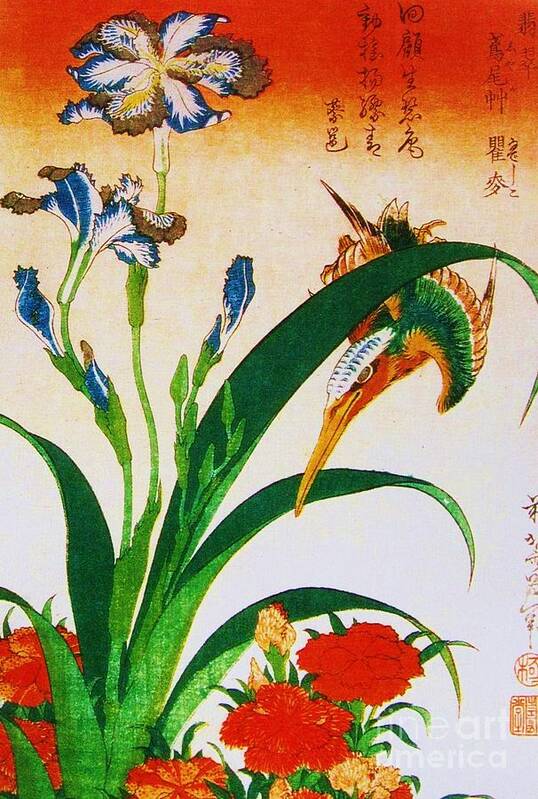 Ukiyo-e Poster featuring the painting Kingfisher with pinks and Irisies by Thea Recuerdo