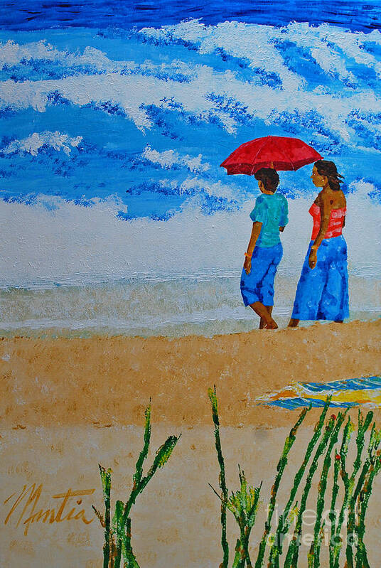 Beach Scene Poster featuring the painting Ladies On The Beach by Art Mantia