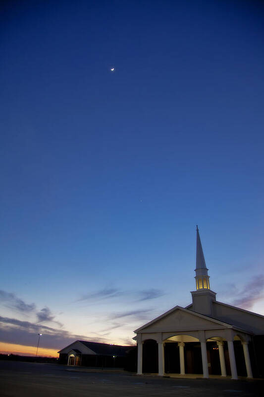 Sunset Poster featuring the photograph Moon over steeple at New Hope Baptist Church West Duncan Oklahoma by Toni Hopper