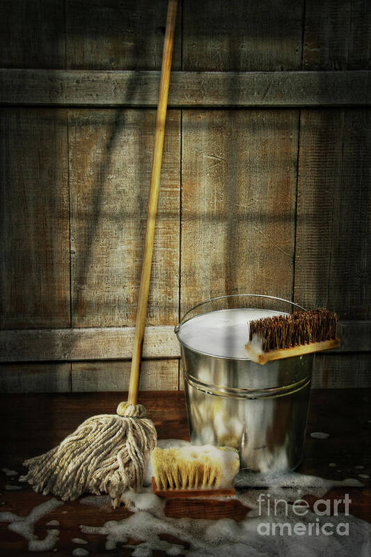 Mop with bucket and scrub brushes Poster by Sandra Cunningham
