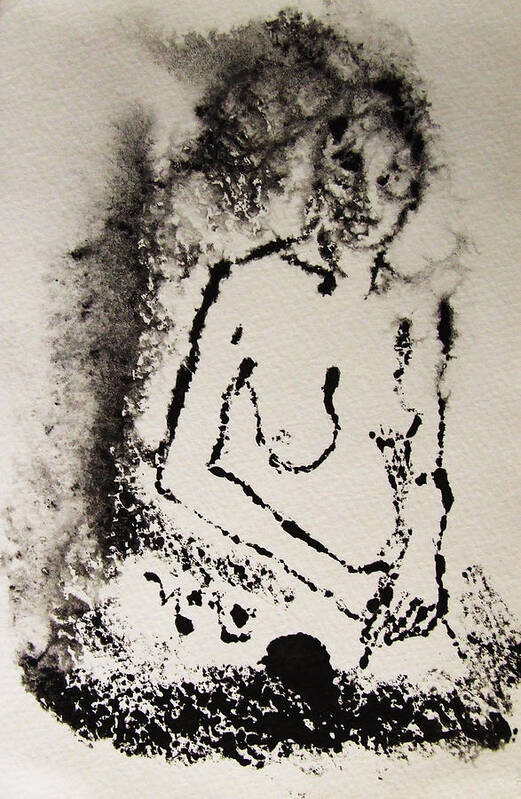 Nude Poster featuring the painting Nude Young Female that is Mysterious in a Whispy Atmospheric Hand Wringing Pose Monoprint Intaglio by M Zimmerman