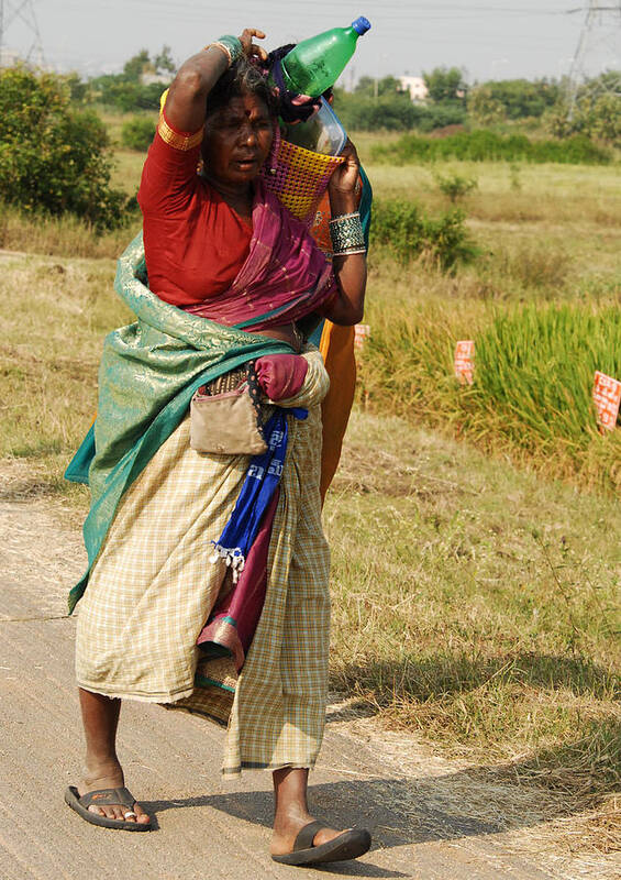 Water Bottle Bag Paddy Trees Pole Road Slippers Hand Bag Red Blue Green White Pink Yellow Poster featuring the photograph Old Woman Going To Home by Johnson Moya