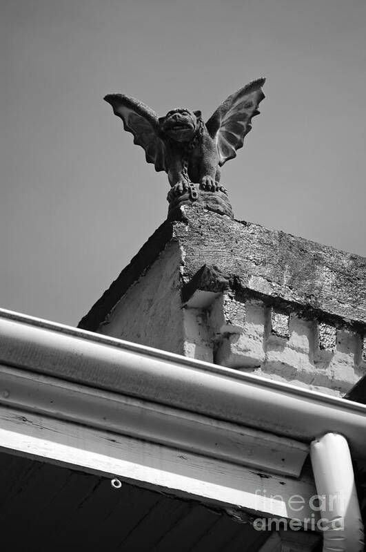 New Orleans Poster featuring the digital art Rooftop Chained Gargoyle Statue above French Quarter New Orleans Black and White by Shawn O'Brien