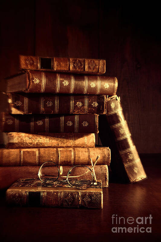 Stack of Antique Books and Eyeglasses For sale as Framed Prints