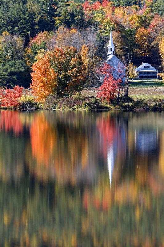 New Hampshire Poster featuring the photograph The Little White Church in Autumn by Larry Landolfi