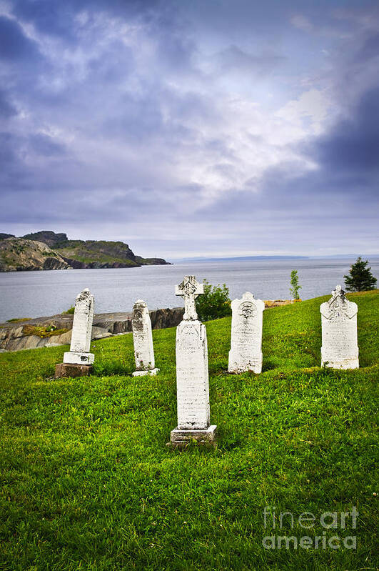 Graveyard Poster featuring the photograph Tombstones near Atlantic coast in Newfoundland by Elena Elisseeva