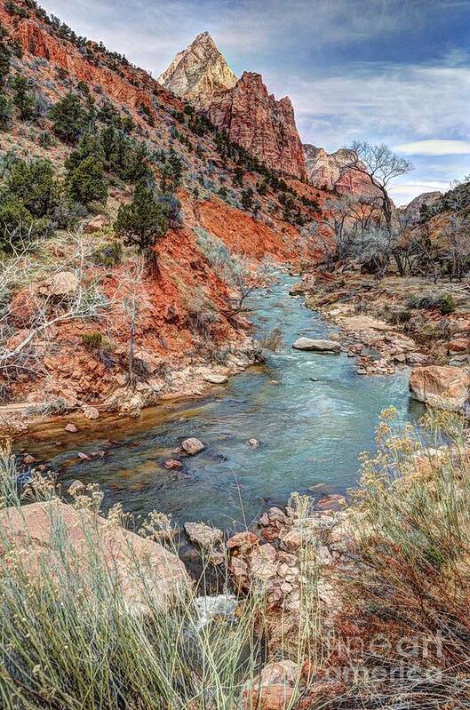 Zion National Park Poster featuring the photograph Virgin River Flows through Zion Canyon - HDR Painting by Gary Whitton