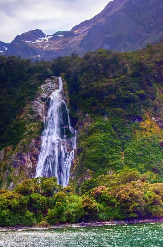 Milford Sound Poster featuring the photograph Waterfalls at Milford Sound by Harry Strharsky
