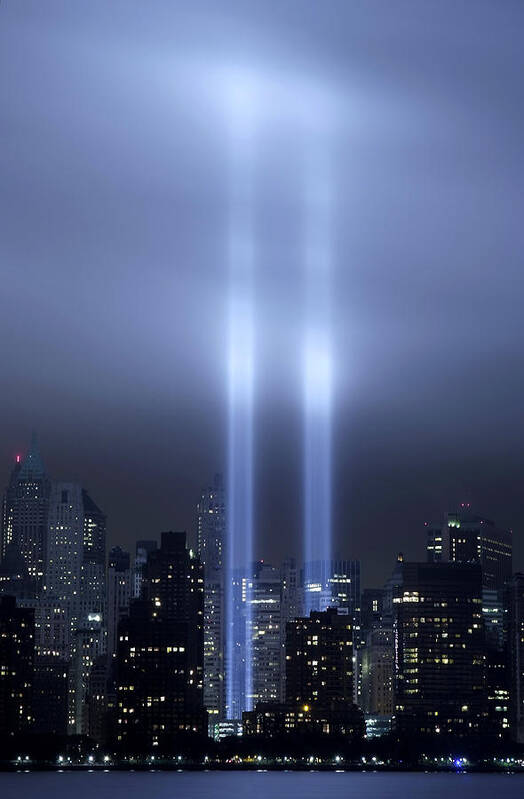 New York City Poster featuring the photograph World Trade Center Memorial Lights by Michael Dorn