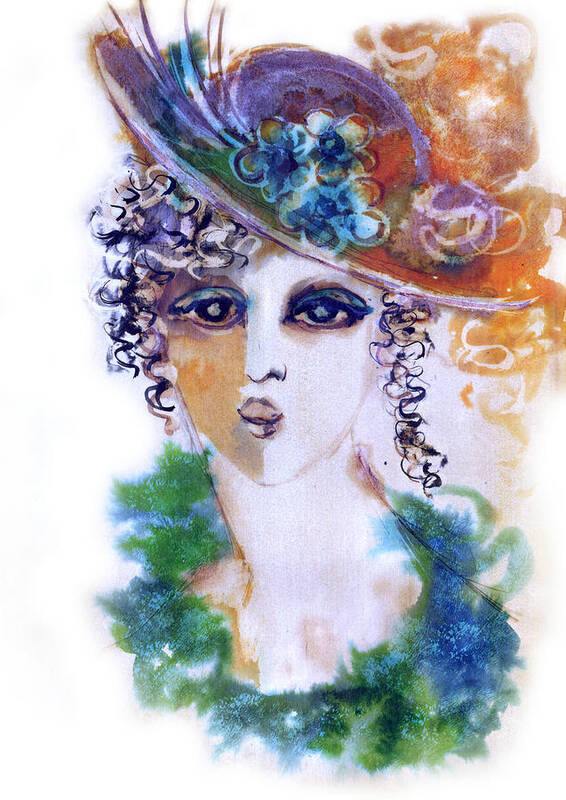 Young Poster featuring the painting Young woman face with curls in blue green dress purple hat with flower by Rachel Hershkovitz