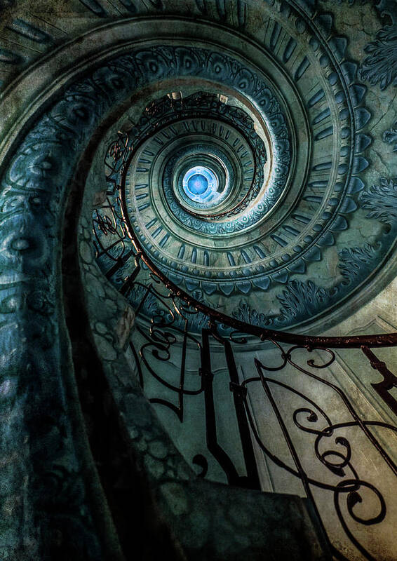 Spiral Poster featuring the photograph Blue spiral staircase #1 by Jaroslaw Blaminsky