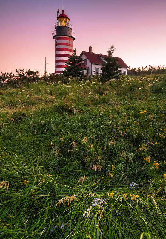 Maine Poster featuring the photograph Maine West Quoddy Head Lighthouse Sunset #1 by Ranjay Mitra