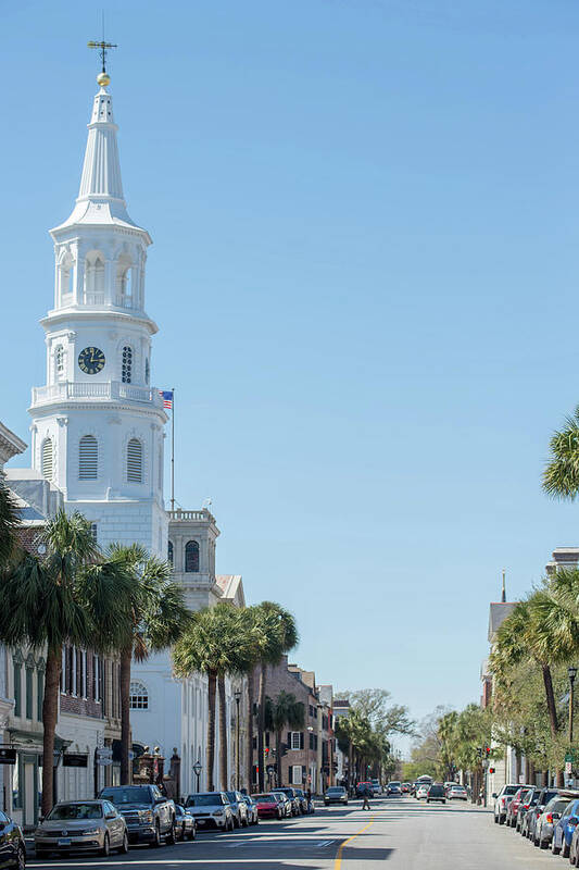 Church Poster featuring the photograph St. Michael Church in historic downtown of Charleston South Caro #1 by Alex Grichenko
