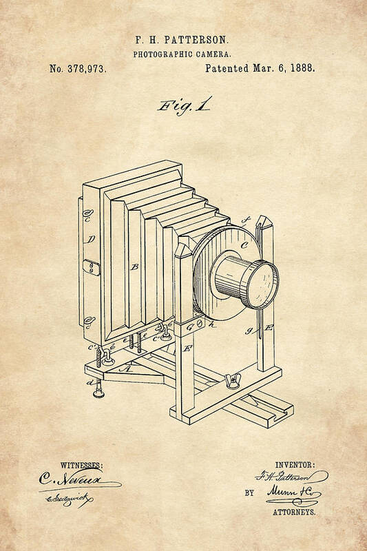 Patent Poster featuring the digital art 1888 Camera US Patent Invention Drawing - Vintage Tan by Todd Aaron