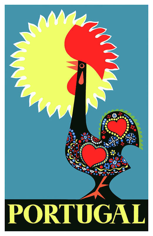 Portugal Poster featuring the digital art 1965 Portugal Rooster Of Barcelos Travel Poster by Retro Graphics