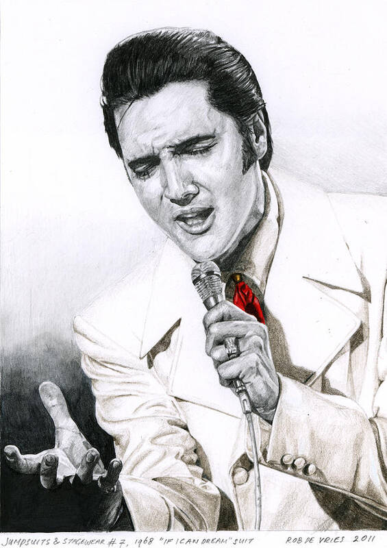 Elvis Poster featuring the drawing 1968 White If I Can Dream Suit by Rob De Vries