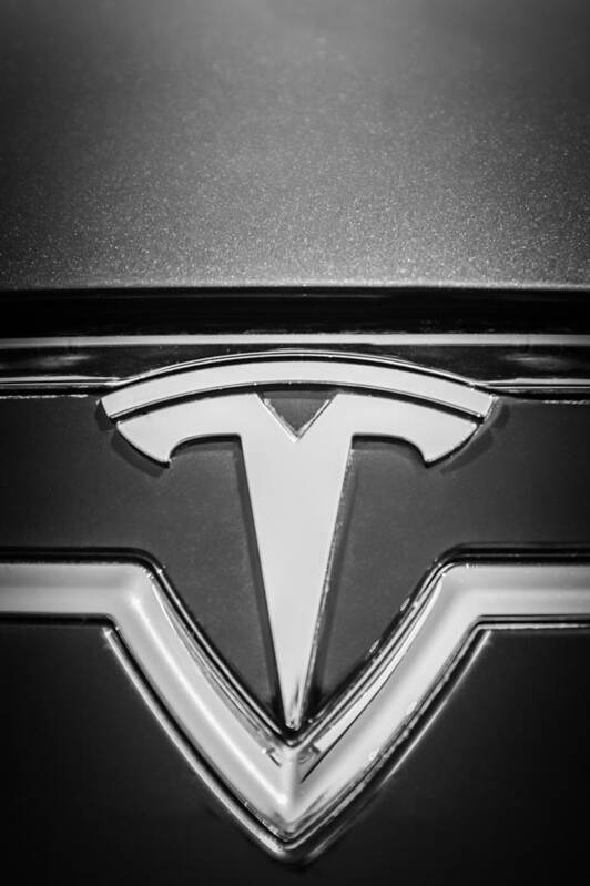 2013 Tesla Model S Emblem Poster featuring the photograph 2013 Tesla Model S Emblem -0122bw2 by Jill Reger