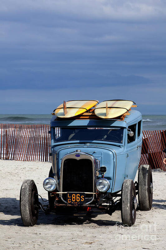  Surfing Poster featuring the photograph Blue Ford roadster race car on the beach #4 by Anthony Totah