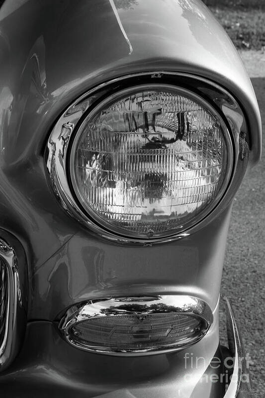 1955 Poster featuring the photograph 55 Chevy Headlight Grayscale by Jennifer White