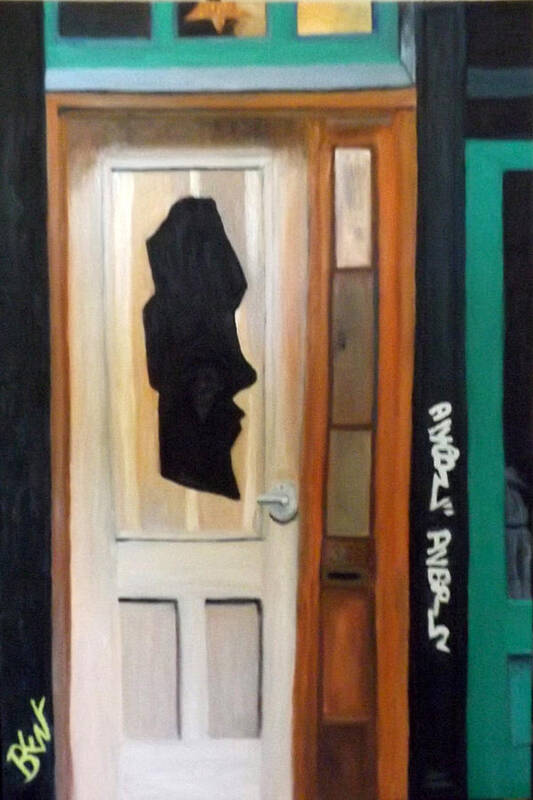Green Poster featuring the painting A Face in the Door by Brent Harris