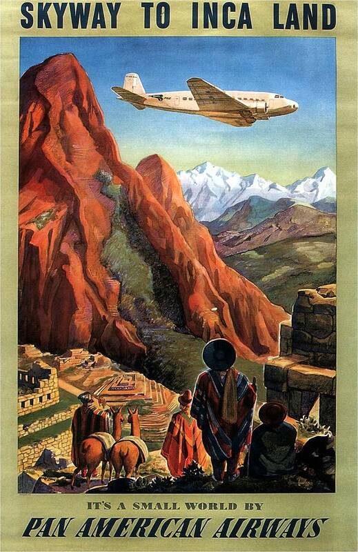 Airplane Flying Over The Mountains Poster featuring the painting Airplane flying ove the mountains in South America - Incas - Vintage Illustrated Poster by Studio Grafiikka