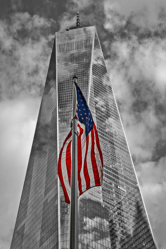 One World Trade Center Poster featuring the photograph American Flag At World Trade Center WTC BW by Susan Candelario