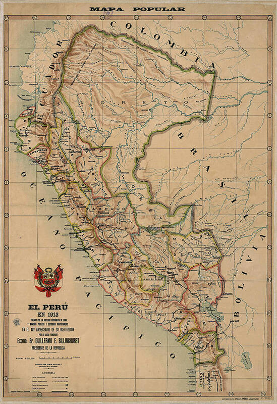 Antique Map Of Peru Poster featuring the drawing Antique Maps - Old Cartographic maps - Antique Map of Peru, South America, 1913 by Studio Grafiikka