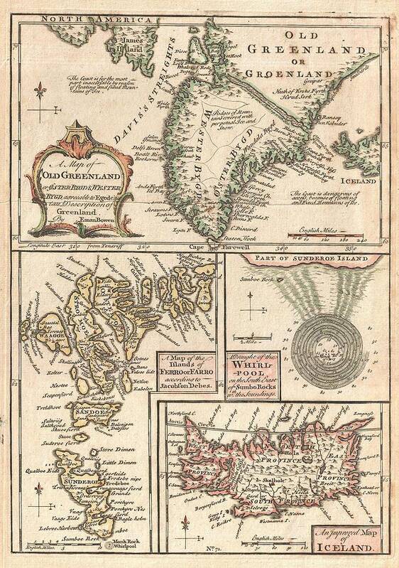Antique Map Of North Atlantic Islands Poster featuring the drawing Antique Maps - Old Cartographic maps - Antique Map of the North Atlantic Islands, Greenland, 1747 by Studio Grafiikka