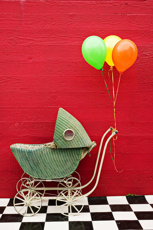 Baby Buggy Poster featuring the photograph Baby buggy with red wall by Garry Gay
