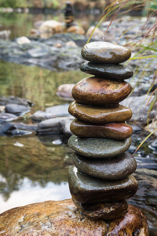 Serenity Poster featuring the photograph Balancing Zen Stones In Countryside River VII by Marco Oliveira