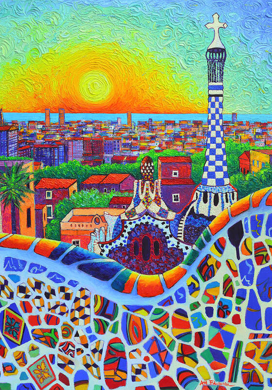 Barcelona Poster featuring the painting Barcelona Park Guell Sunrise Gaudi Tower Textural Impasto Knife Oil Painting By Ana Maria Edulescu by Ana Maria Edulescu