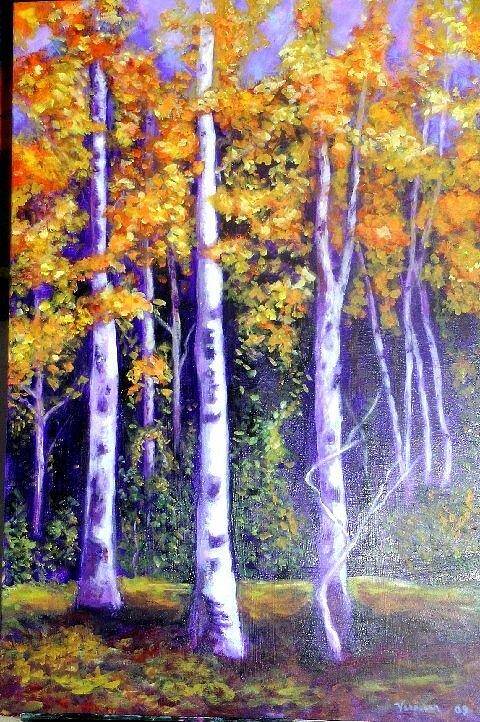 Landscapes Poster featuring the painting Birches in Canadian fall by Marie-Line Vasseur