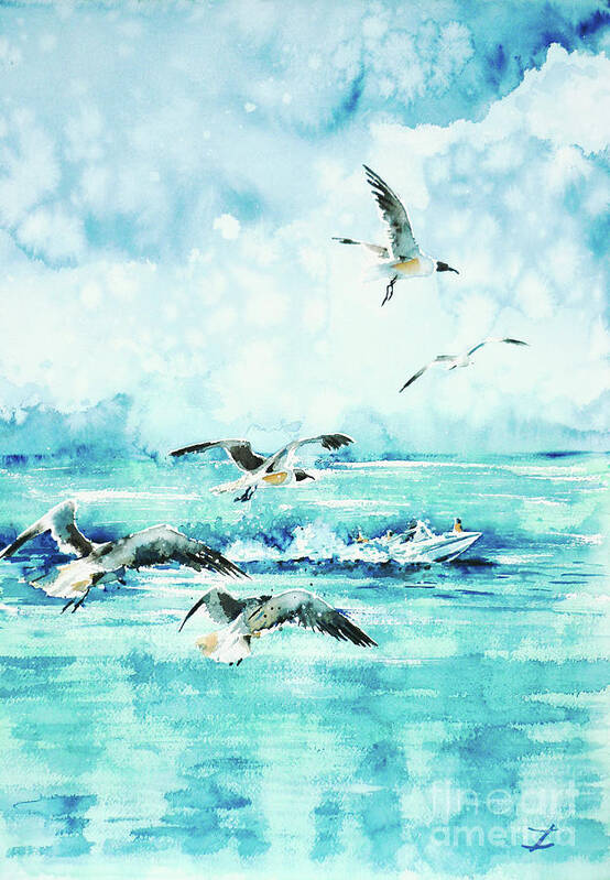 Black-headed Seagulls Poster featuring the painting Black-headed Seagulls at Seven Seas Beach by Zaira Dzhaubaeva