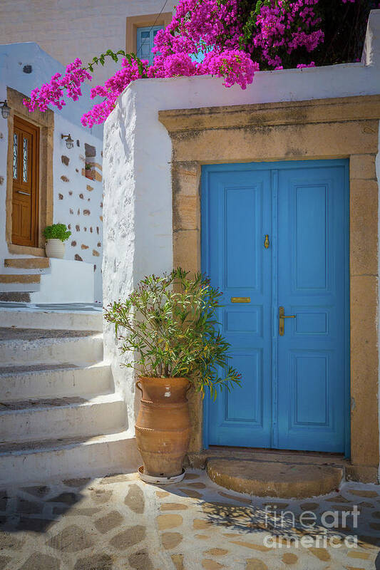 Aegean Sea Poster featuring the photograph Blue Door and Stairs by Inge Johnsson