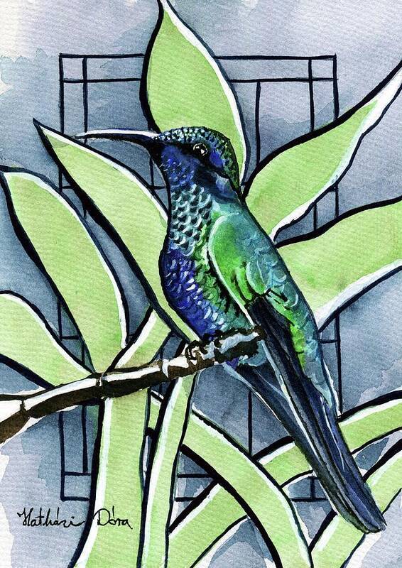 Hummingbird Poster featuring the painting Blue Green Hummingbird by Dora Hathazi Mendes