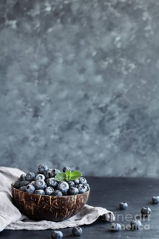 Blueberries Poster featuring the photograph Blueberries in a Coconut Bowl by Stephanie Frey