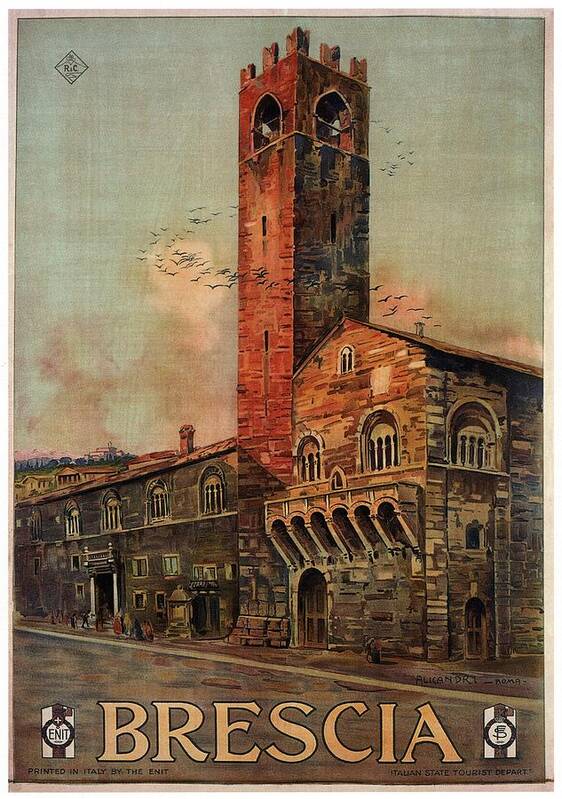 Brescia Poster featuring the photograph Brescia, Italy - Birds Flying Around Tower - Retro travel Poster - Vintage Poster by Studio Grafiikka