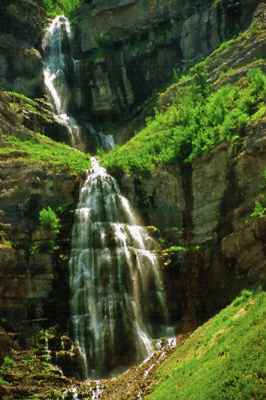 Falls; Fall; Waterfall; Nature; Natural; Water; Falling Water; Cascading Water; Cascading; Falling; Cascading Falls; Cascading Waterfall; Cool; Fresh; Pure; Clean; Rejuvenating; Refreshing; Tranquil; Peaceful; Calming; Quiet; Meditative; Mountainous; Mountains; Summer; Summertime; Scenic; Scenery; Landscape; Rock; Rocky; Canyon Wall; Cliff; Canyon; Provo Canyon; Utah; Bridal Veil Falls; Environmental; Environment; Resource; Earths Resources; Digital Art; Textured; Painterly; Canvas; Artistic Poster featuring the photograph Bridal Veil Falls Canvas 3 by Steve Ohlsen