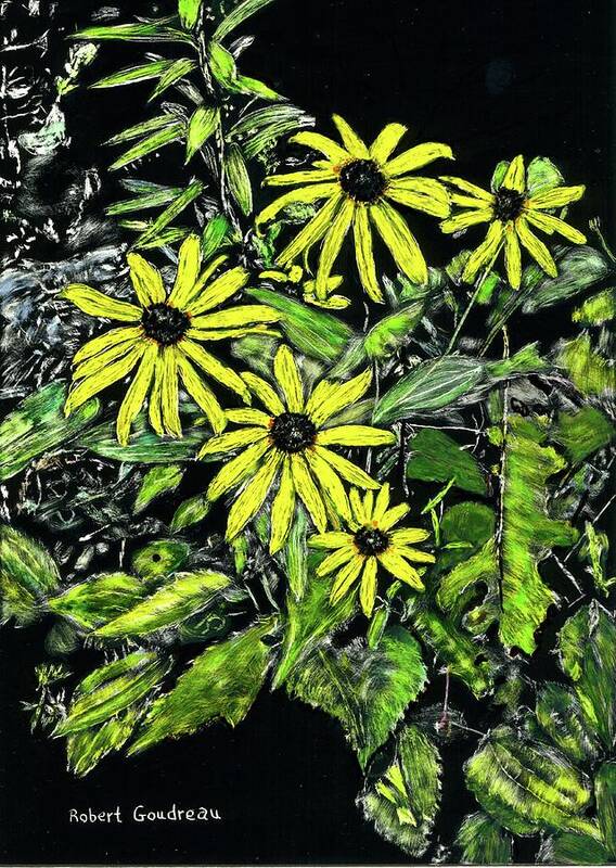 Scratchboard Poster featuring the painting Brown-Eyed Susans II by Robert Goudreau