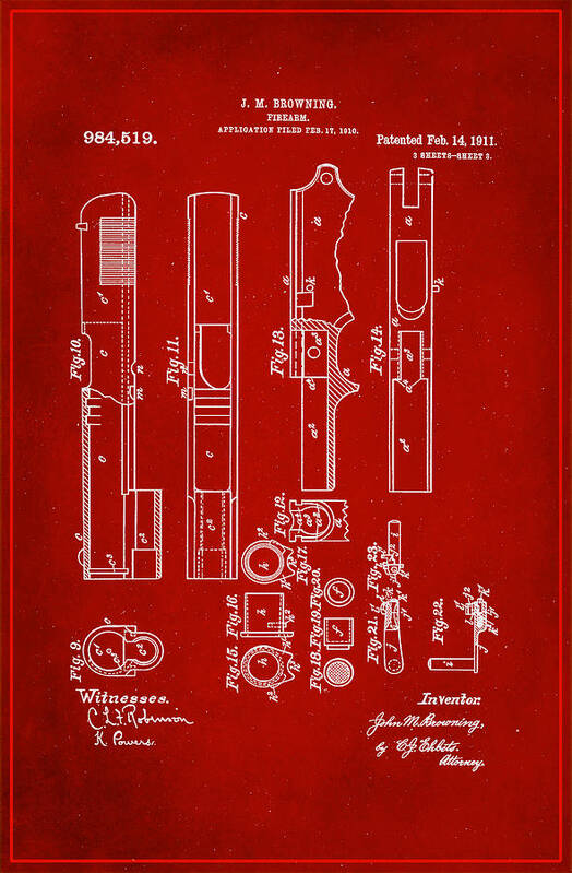 Patent Poster featuring the mixed media Browning Firearm Patent Drawing 2b by Brian Reaves
