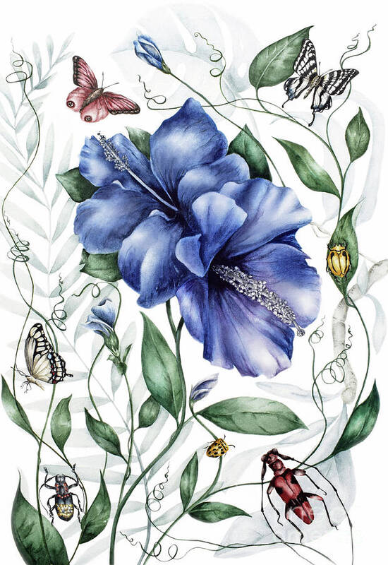 Butterflies Poster featuring the painting Bugs and Blue Hibiscus by Marie Burke