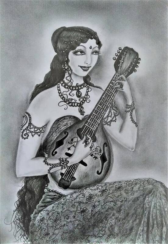 Apsara Poster featuring the drawing Celestial Musician by Tara Krishna