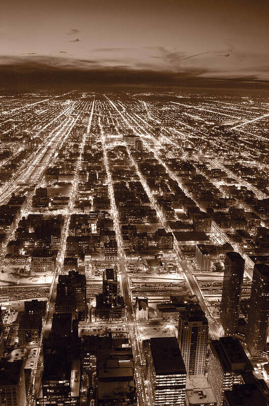 Aerial Poster featuring the photograph Chicago City Lights West B W by Steve Gadomski