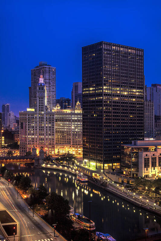 Chicago Poster featuring the photograph Chicago River at Twilight by Andrew Soundarajan