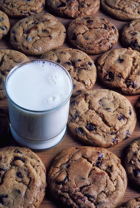Chocolate Chip Poster featuring the photograph Chocolate chip cookies and glass of milk by Garry Gay