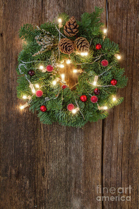 Anastasy Yarmolovich Poster featuring the photograph Christmas Wreath with Lights by Anastasy Yarmolovich