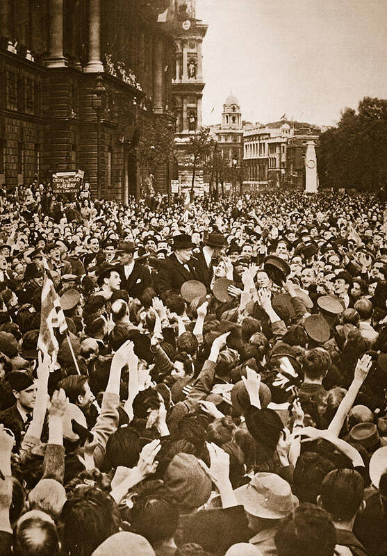 Churchill Poster featuring the photograph Churchill mobbed in Whitehall on VE Day by English School